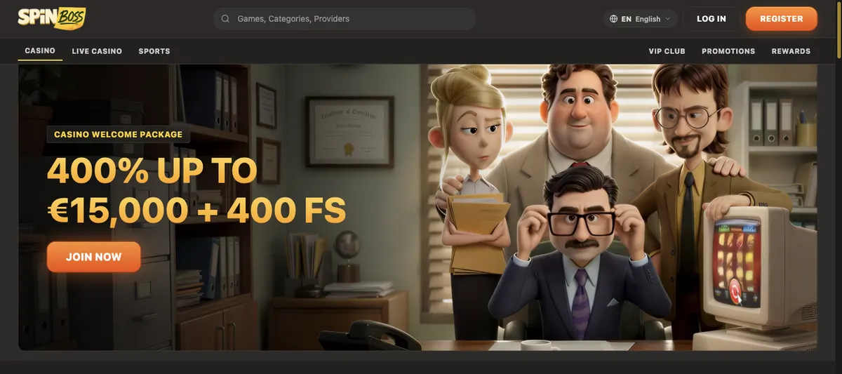 Capturada en spinboss.live, 7 de septiembre de 2026: página de inicio de SpinBoss (interfaz en inglés)